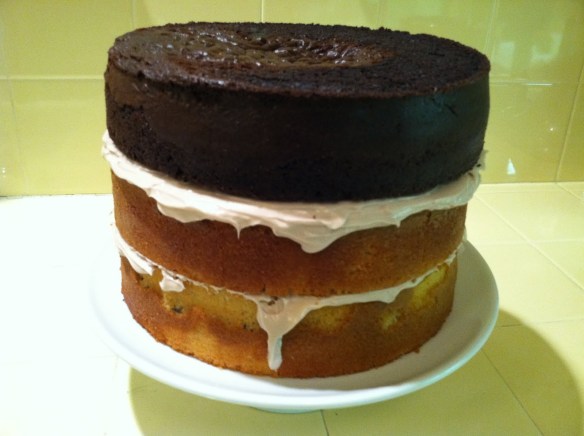 Cherpumple with all 3 stacked cake layers Cherpumple with all 3 stacked cake layers